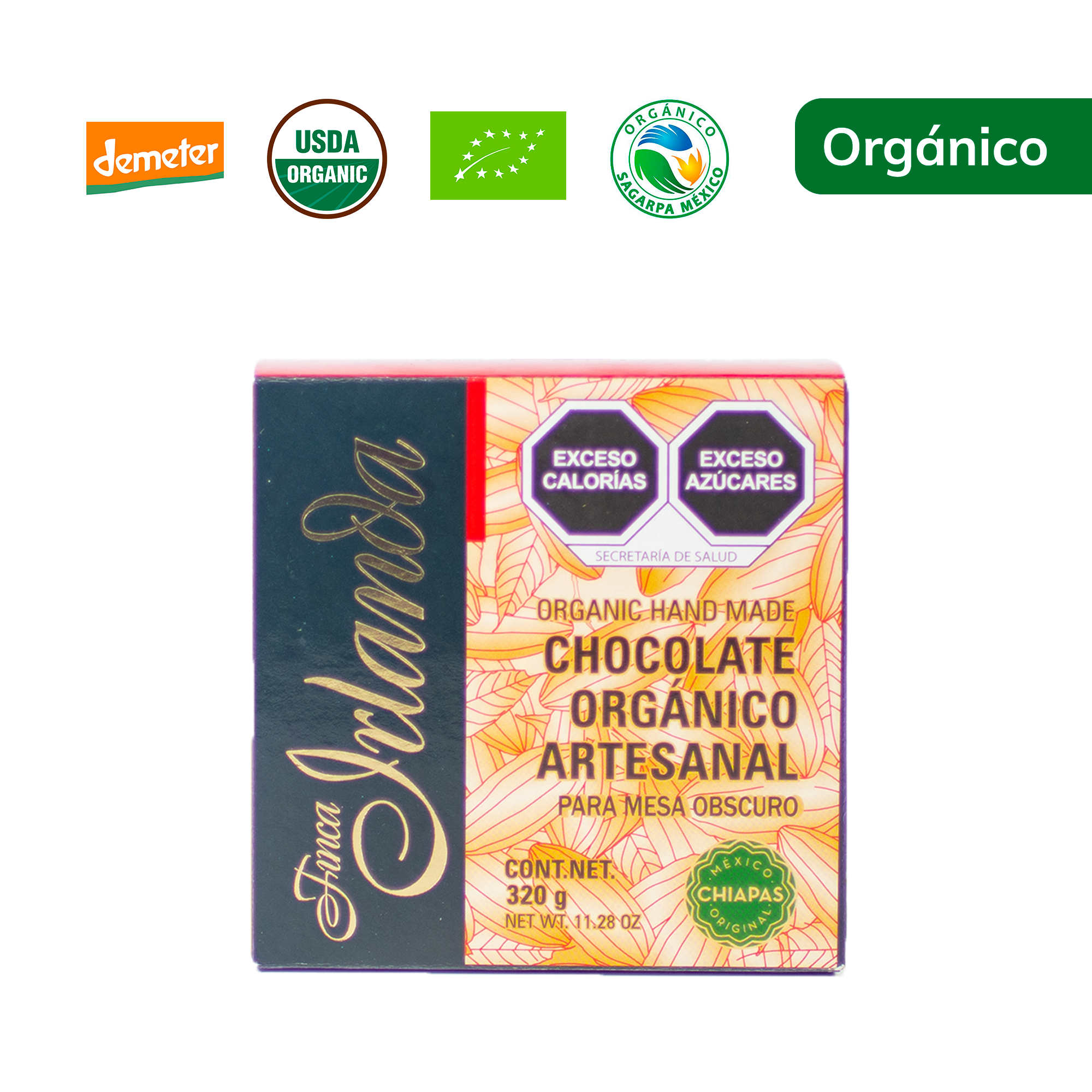 Chocolate Orgánico Artesanal obscuro Finca Irlanda 320G.